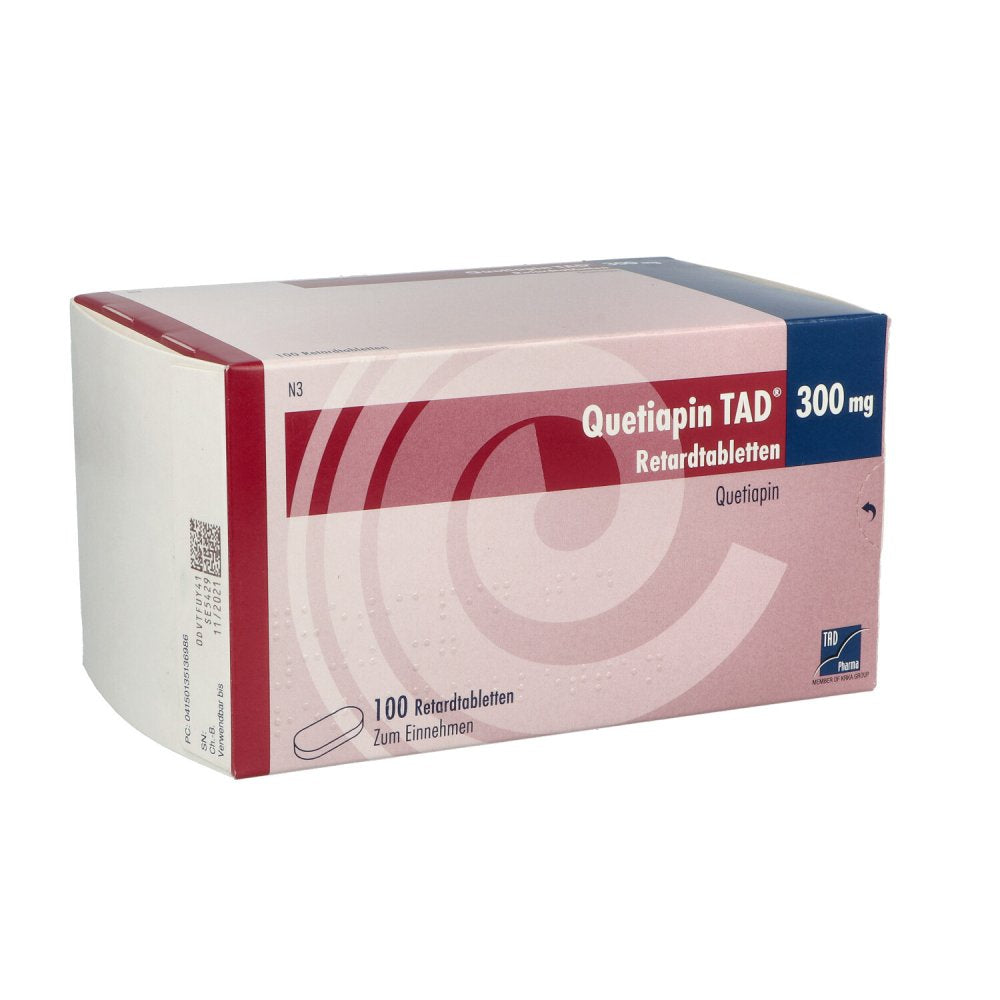 Das Produktfoto zeigt Quetiapin Tad 300 Mg Retardtabletten (100 stk) PZN 13513698
