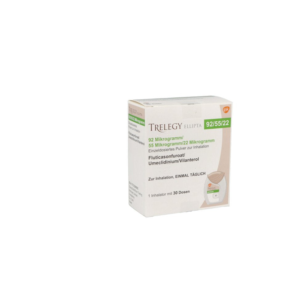 Das Produktfoto zeigt Trelegy Ellipta 92 Μg/55 Μg/22 Μg Ed.P.Z.Inh.30ed (1 stk) PZN 13571589