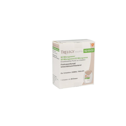 Das Produktfoto zeigt Trelegy Ellipta 92 Μg/55 Μg/22 Μg Ed.P.Z.Inh.30ed (1 stk) PZN 13571589