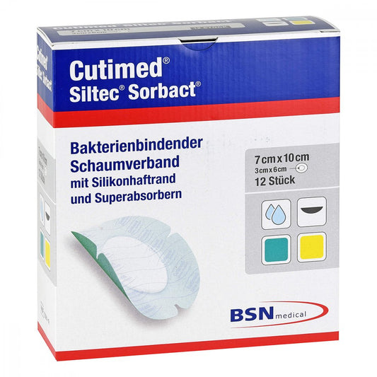 Das Produktfoto zeigt Cutimed Siltec Sorbact B Pu-Verb.7x10cm Oval (12 stk) PZN 13574429