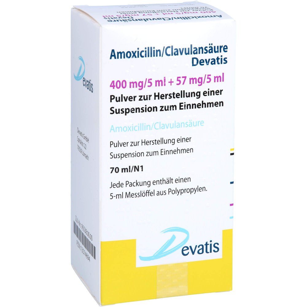Das Produktfoto zeigt Amoxicillin/Clavulansäure Devat.400mg/5ml+57mg/5ml (70 ml) PZN 13574694
