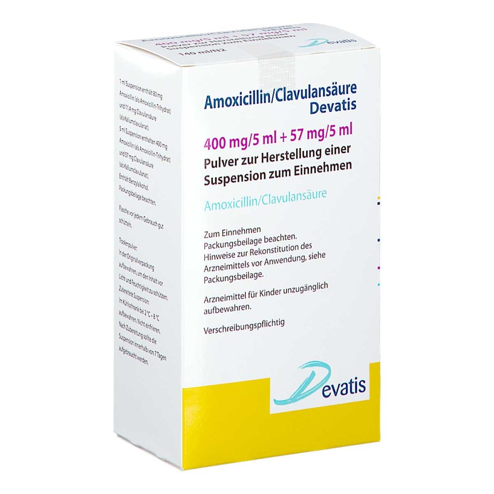 Das Produktfoto zeigt Amoxicillin/Clavulansäure Devat.400mg/5ml+57mg/5ml (140 ml) PZN 13574719