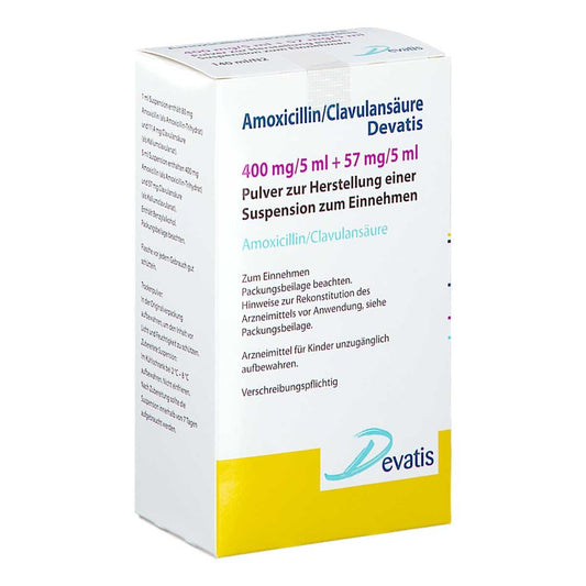 Das Produktfoto zeigt Amoxicillin/Clavulansäure Devat.400mg/5ml+57mg/5ml (140 ml) PZN 13574719