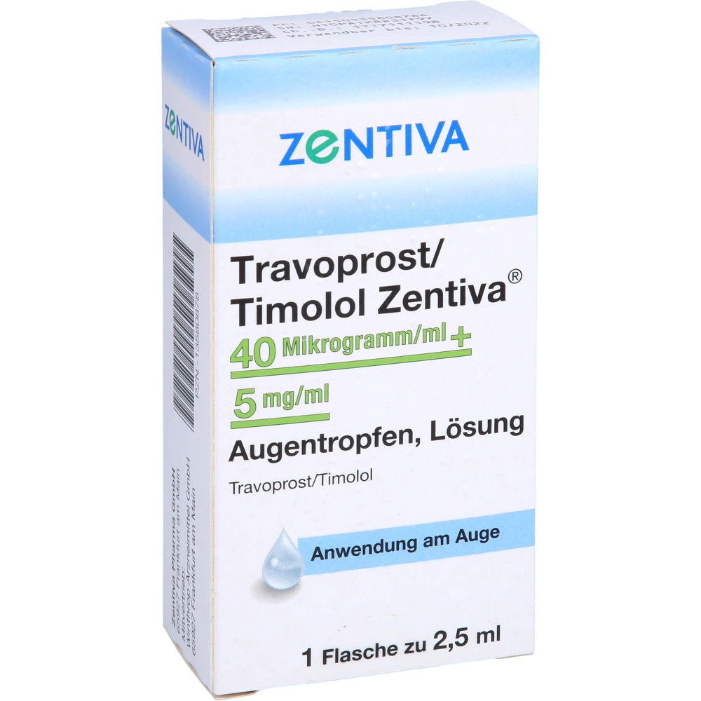 Das Produktfoto zeigt Travoprost/Timolol Zentiva 40 Μg+5 Mg Augentropfen (2.5 ml) PZN 13580878