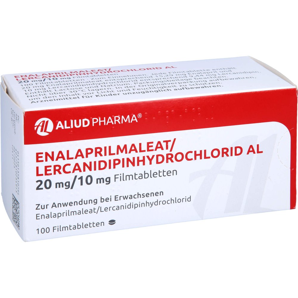 Das Produktfoto zeigt Enalaprilmaleat/Lercanidipinhydrochlor.Al 20/10mg (100 stk) PZN 13581079