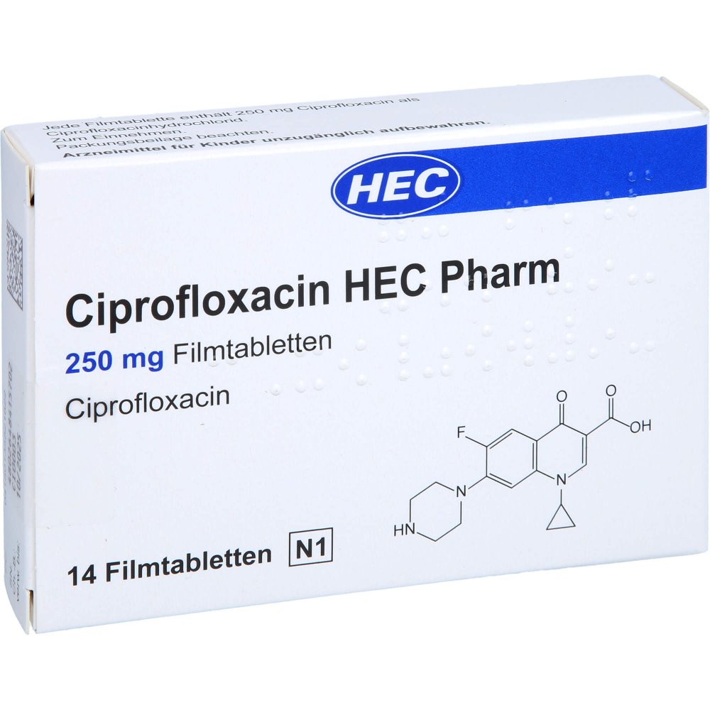 Das Produktfoto zeigt Ciprofloxacin Hec Pharm 250 Mg Filmtabletten (14 stk) PZN 13582162