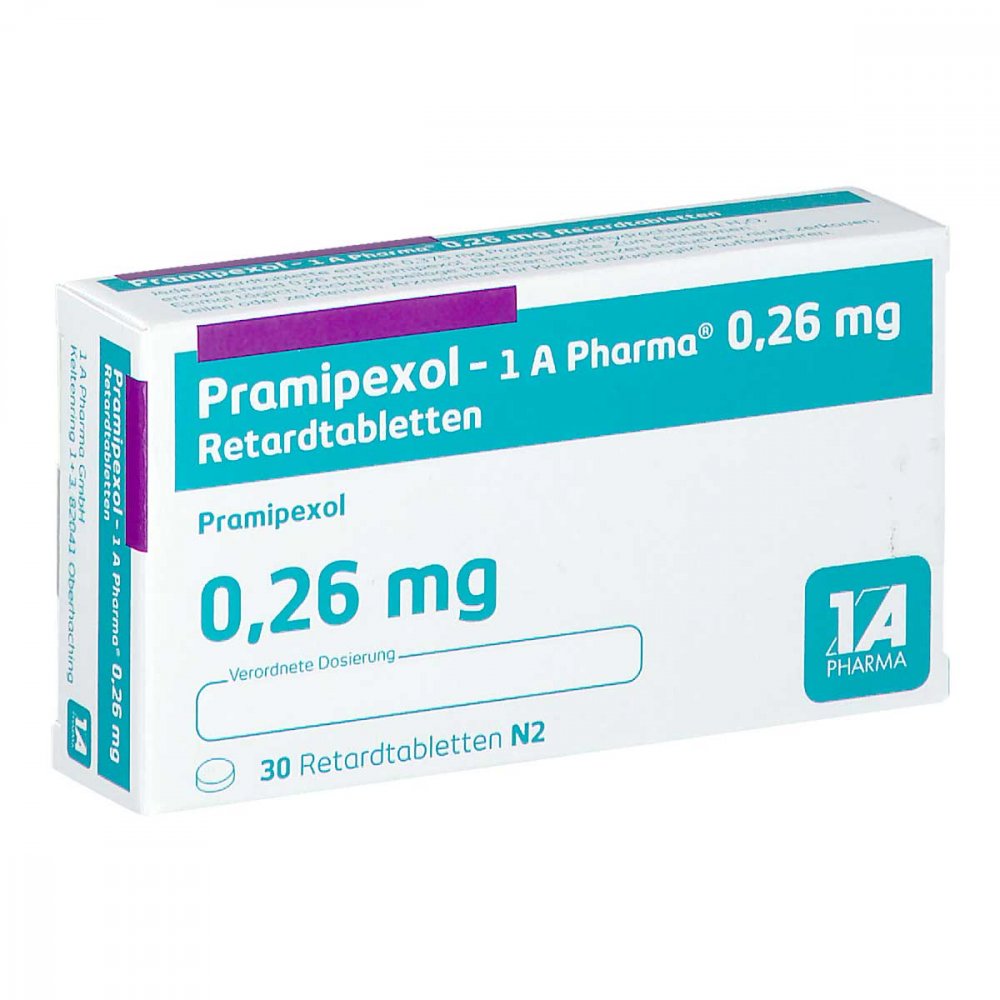 Das Produktfoto zeigt Pramipexol-1a Pharma 0,26 Mg Retardtabletten (30 stk) PZN 13588070