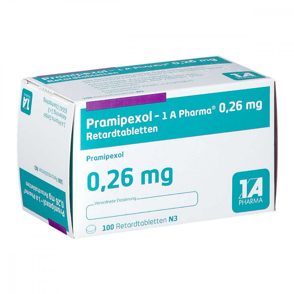 Das Produktfoto zeigt Pramipexol-1a Pharma 0,26 Mg Retardtabletten (100 stk) PZN 13588087