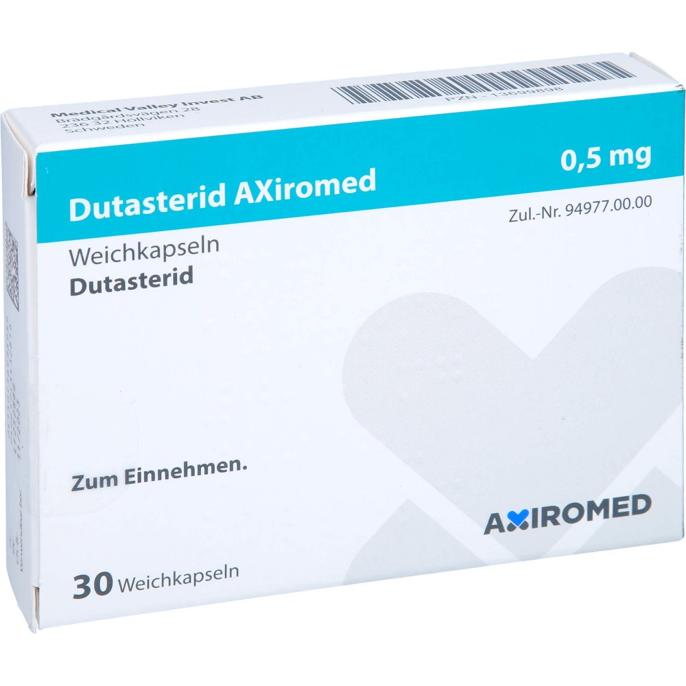 Das Produktfoto zeigt Dutasterid Axiromed 0,5 Mg Weichkapseln (30 stk) PZN 13699898