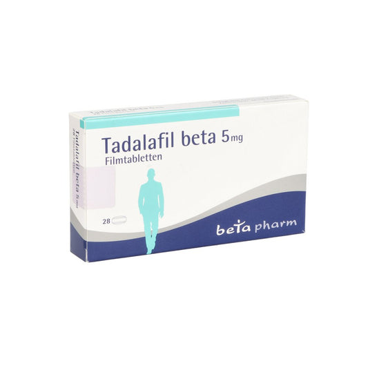 Das Produktfoto zeigt Tadalafil Beta 5 Mg Filmtabletten (28 stk) PZN 13700029