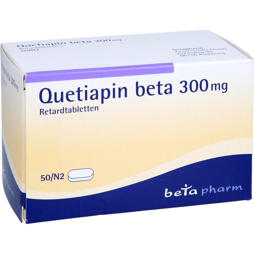 Das Produktfoto zeigt Quetiapin Beta 300 Mg Retardtabletten (50 stk) PZN 13700182
