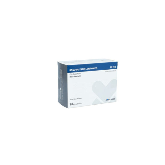 Das Produktfoto zeigt Rosuvastatin Axiromed 20 Mg Filmtabletten (98 stk) PZN 13705133