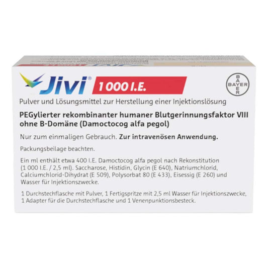 Das Produktfoto zeigt Jivi 1000 I.E. Plv.U.Lösungsm.Z.Her.E.Inj.-Lsg. (1 stk) PZN 13708982