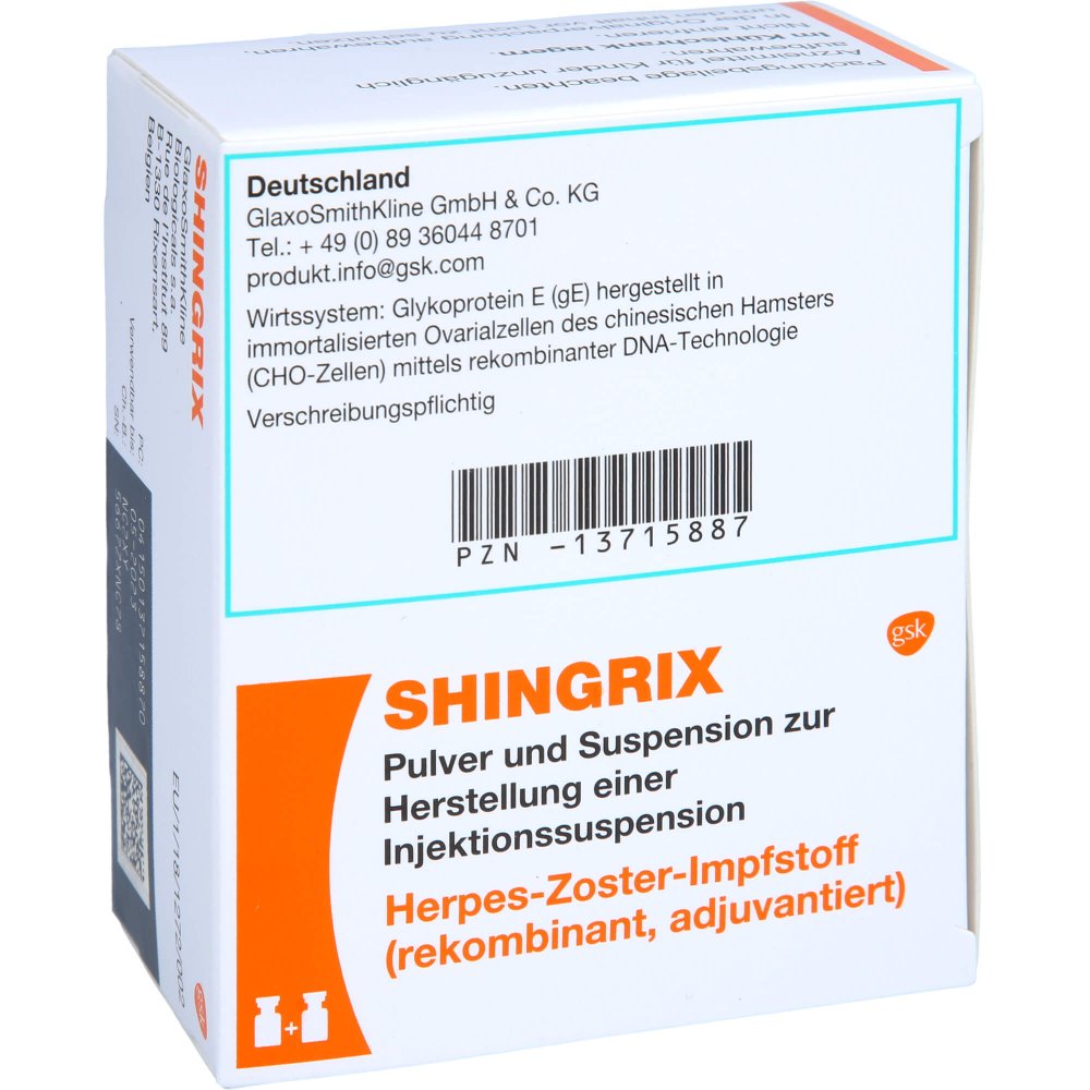 Das Produktfoto zeigt Shingrix Pulver U.Suspension Z.Herst.E.Inj.-Susp. (10 stk) PZN 13715887