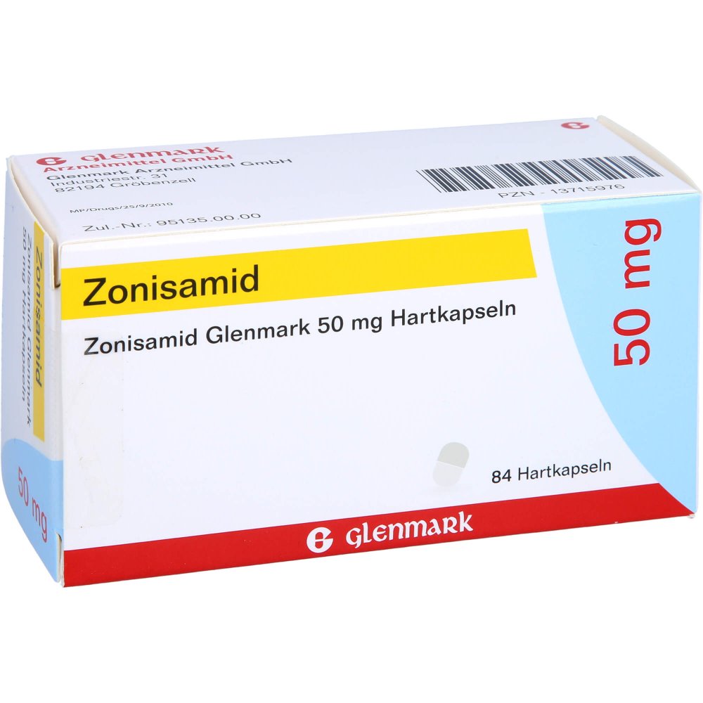Das Produktfoto zeigt Zonisamid Glenmark 50 Mg Hartkapseln (84 stk) PZN 13715976