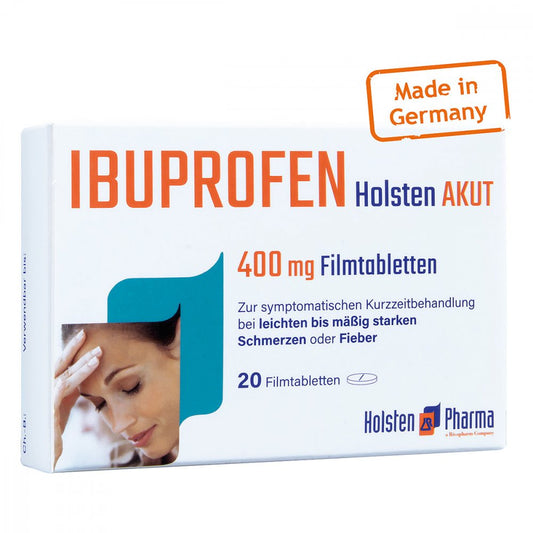 Das Produktfoto zeigt Ibuprofen Holsten Akut 400 Mg Filmtabletten (20 stk) PZN 13716384