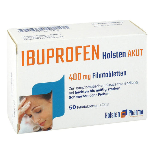 Das Produktfoto zeigt Ibuprofen Holsten Akut 400 Mg Filmtabletten (50 stk) PZN 13716409
