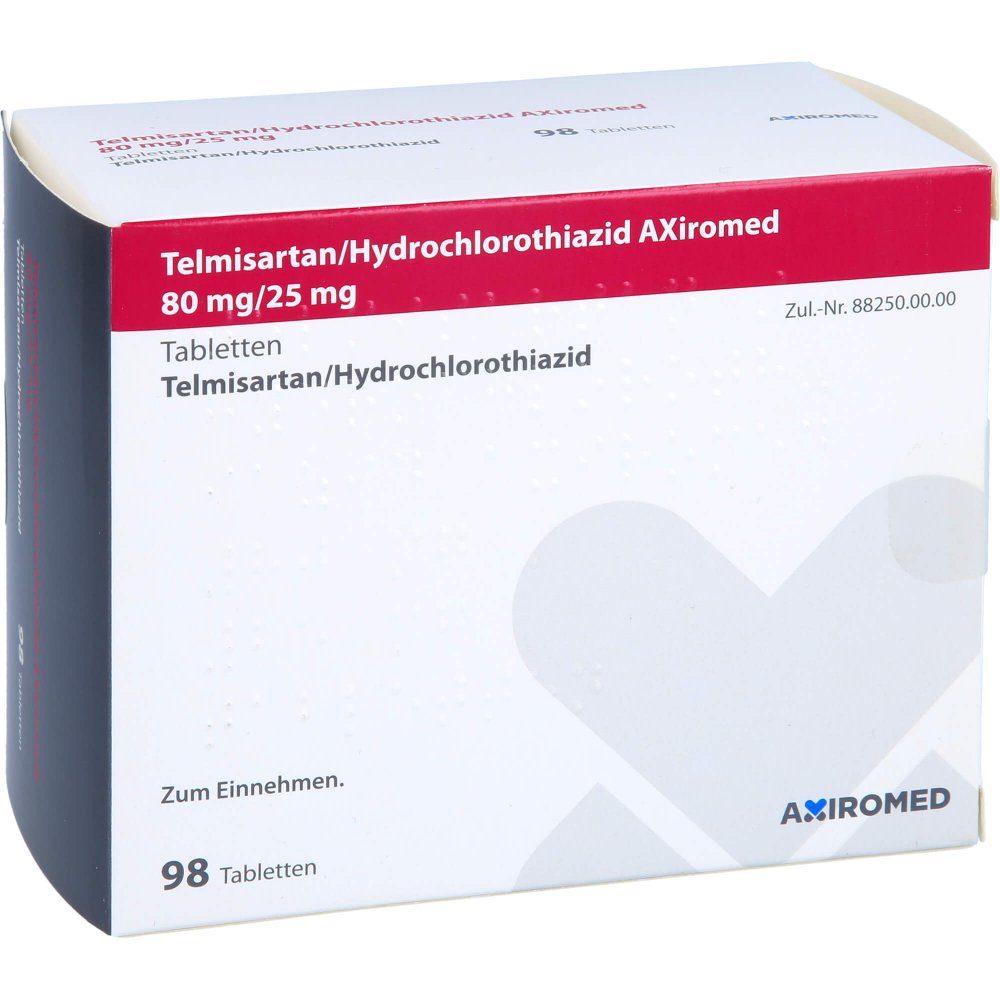 Das Produktfoto zeigt Telmisartan/Hydrochlorothiazid Axiromed 80/25 Mg (98 stk) PZN 13716504