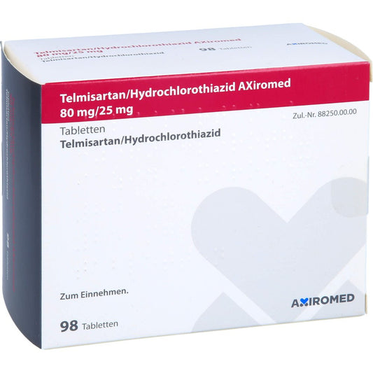 Das Produktfoto zeigt Telmisartan/Hydrochlorothiazid Axiromed 80/25 Mg (98 stk) PZN 13716504
