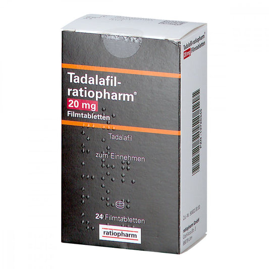 Das Produktfoto zeigt Tadalafil-Ratiopharm 20 Mg Filmtabletten (24 stk) PZN 13720345