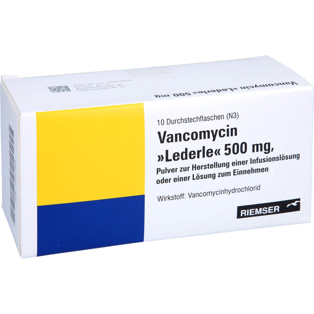 Das Produktfoto zeigt Vancomycin Lederle 500mg Plv.Z.H.E.Lsg.Z.Ein./Inf. (10 stk) PZN 13721988