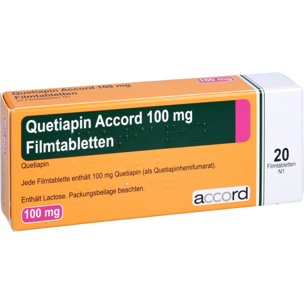 Das Produktfoto zeigt Quetiapin Accord 100 Mg Filmtabletten (20 stk) PZN 13722798