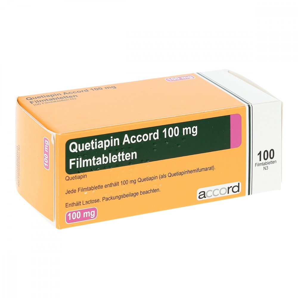 Das Produktfoto zeigt Quetiapin Accord 100 Mg Filmtabletten (100 stk) PZN 13722812