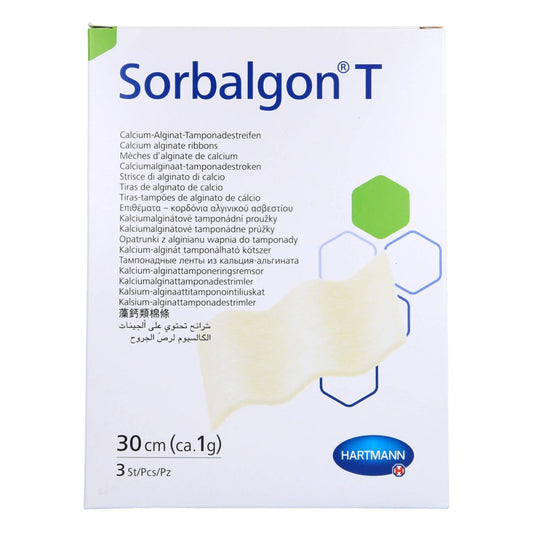 Das Produktfoto zeigt Sorbalgon T Tamponade Streifen 1 G/30 Cm (3 stk) PZN 13745670