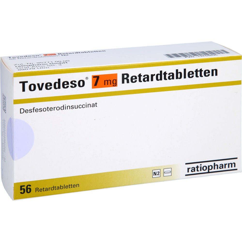Das Produktfoto zeigt Tovedeso 7 Mg Retardtabletten (56 stk) PZN 13754835