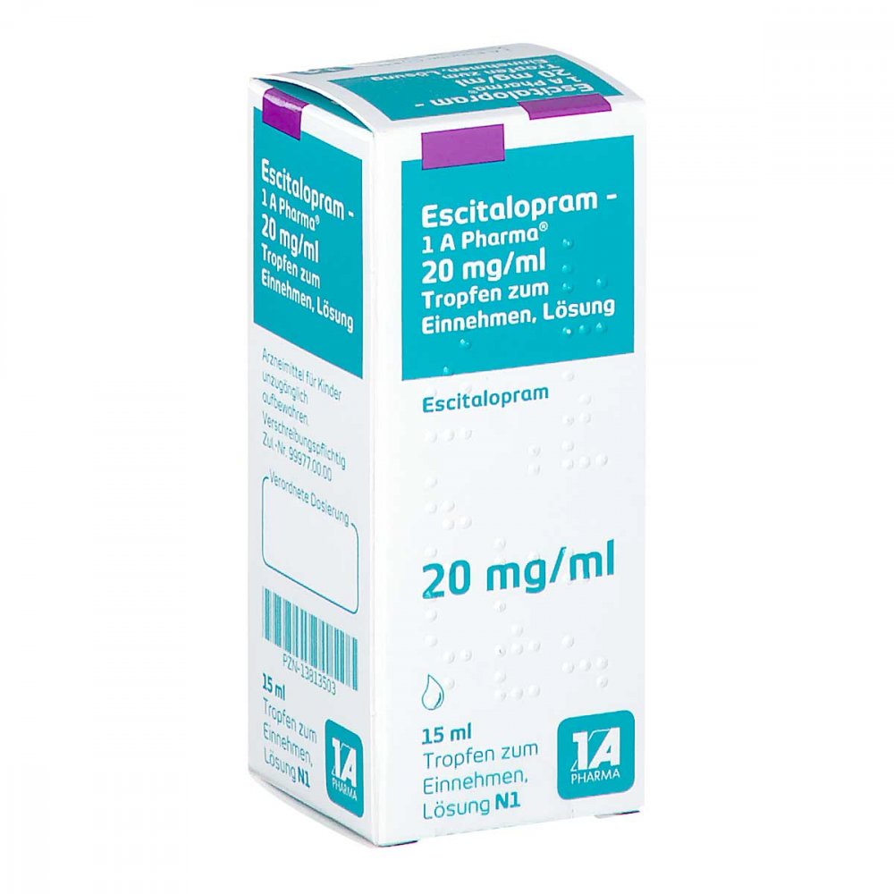 Das Produktfoto zeigt Escitalopram-1a Pharma 20 Mg/Ml Tropf.Z.Einnehmen (15 ml) PZN 13813503