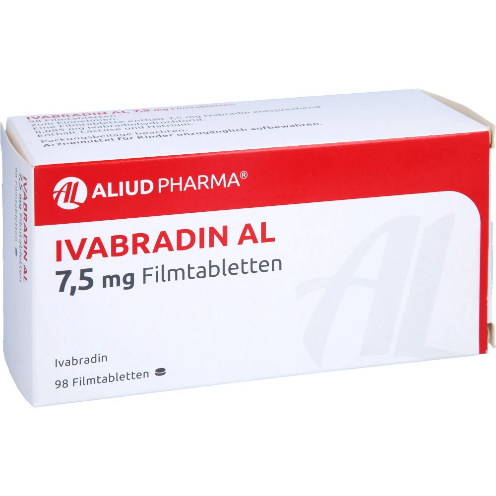Das Produktfoto zeigt Ivabradin Al 7,5 Mg Filmtabletten (98 stk) PZN 13813621