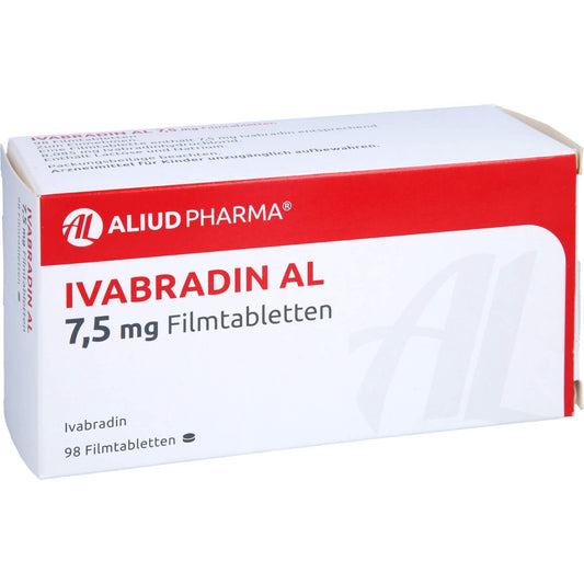 Das Produktfoto zeigt Ivabradin Al 7,5 Mg Filmtabletten (98 stk) PZN 13813621