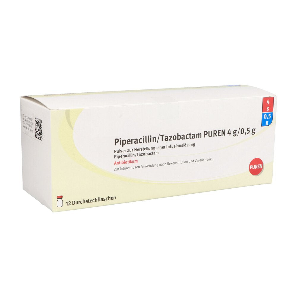 Das Produktfoto zeigt Piperacillin/Tazobactam Puren 4g/0,5g P.Z.H.Inf.L. (12 stk) PZN 13814282