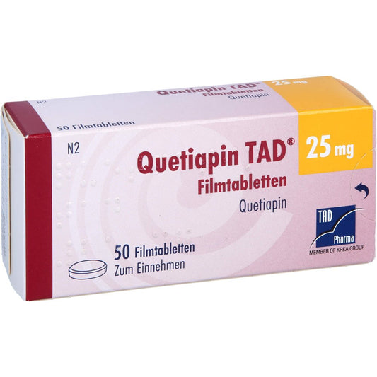 Das Produktfoto zeigt Quetiapin Tad 25 Mg Filmtabletten (50 stk) PZN 13815809