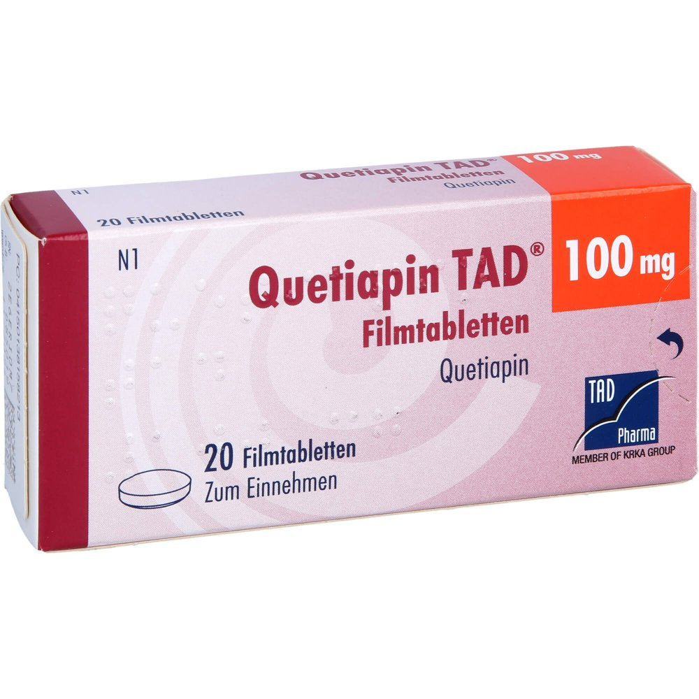 Das Produktfoto zeigt Quetiapin Tad 100 Mg Filmtabletten (20 stk) PZN 13815821