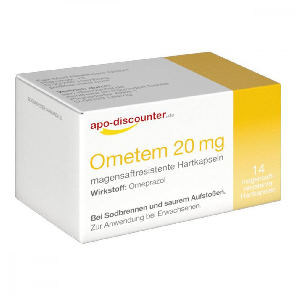 Das Produktfoto zeigt Ometem 20 Mg Apodiscounter Magensaftres.Hartkaps. (14 stk) PZN 13816542
