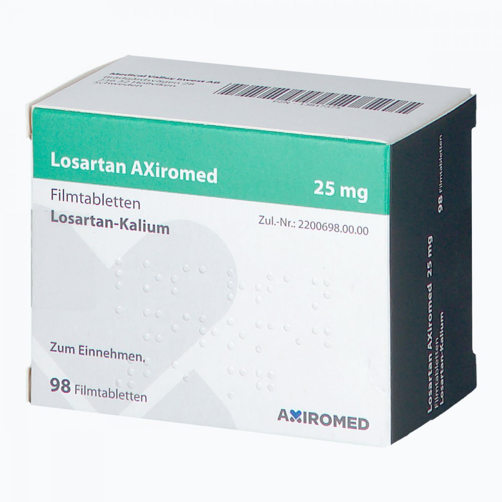Das Produktfoto zeigt Losartan Axiromed 25 Mg Filmtabletten (98 stk) PZN 13817375