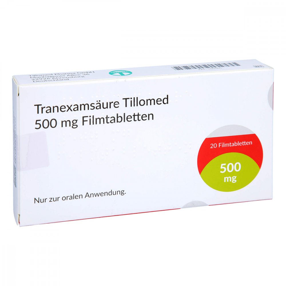 Das Produktfoto zeigt Tranexamsäure Tillomed 500 Mg Filmtabletten (20 stk) PZN 13825831