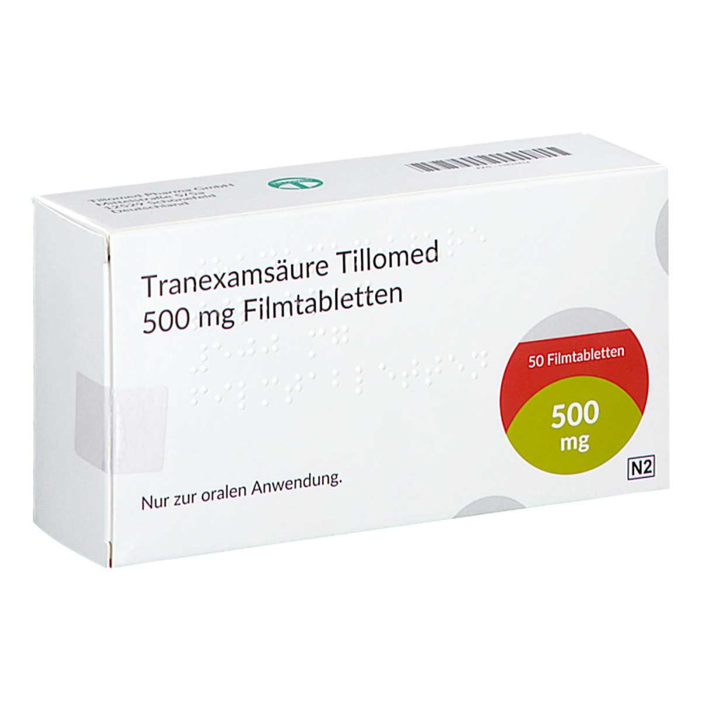Das Produktfoto zeigt Tranexamsäure Tillomed 500 Mg Filmtabletten (50 stk) PZN 13825854