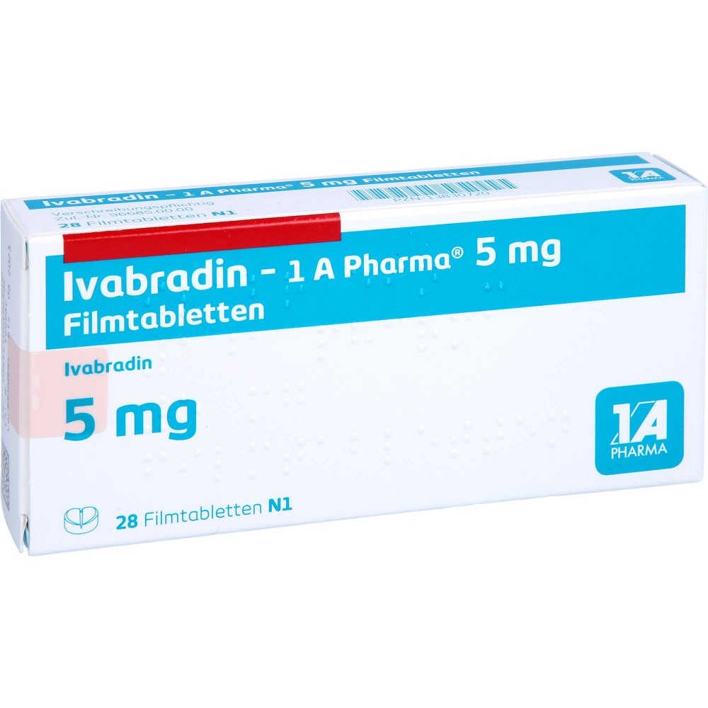 Das Produktfoto zeigt Ivabradin-1a Pharma 5 Mg Filmtabletten (28 stk) PZN 13830720