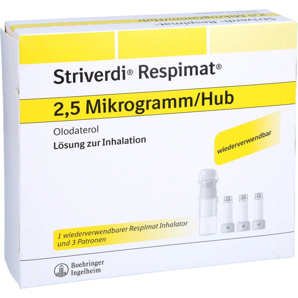 Das Produktfoto zeigt Striverdi Respimat 2,5 Μg/Hub 3x60 Hub Wiederverw. (3X4.0 ml) PZN 13832831