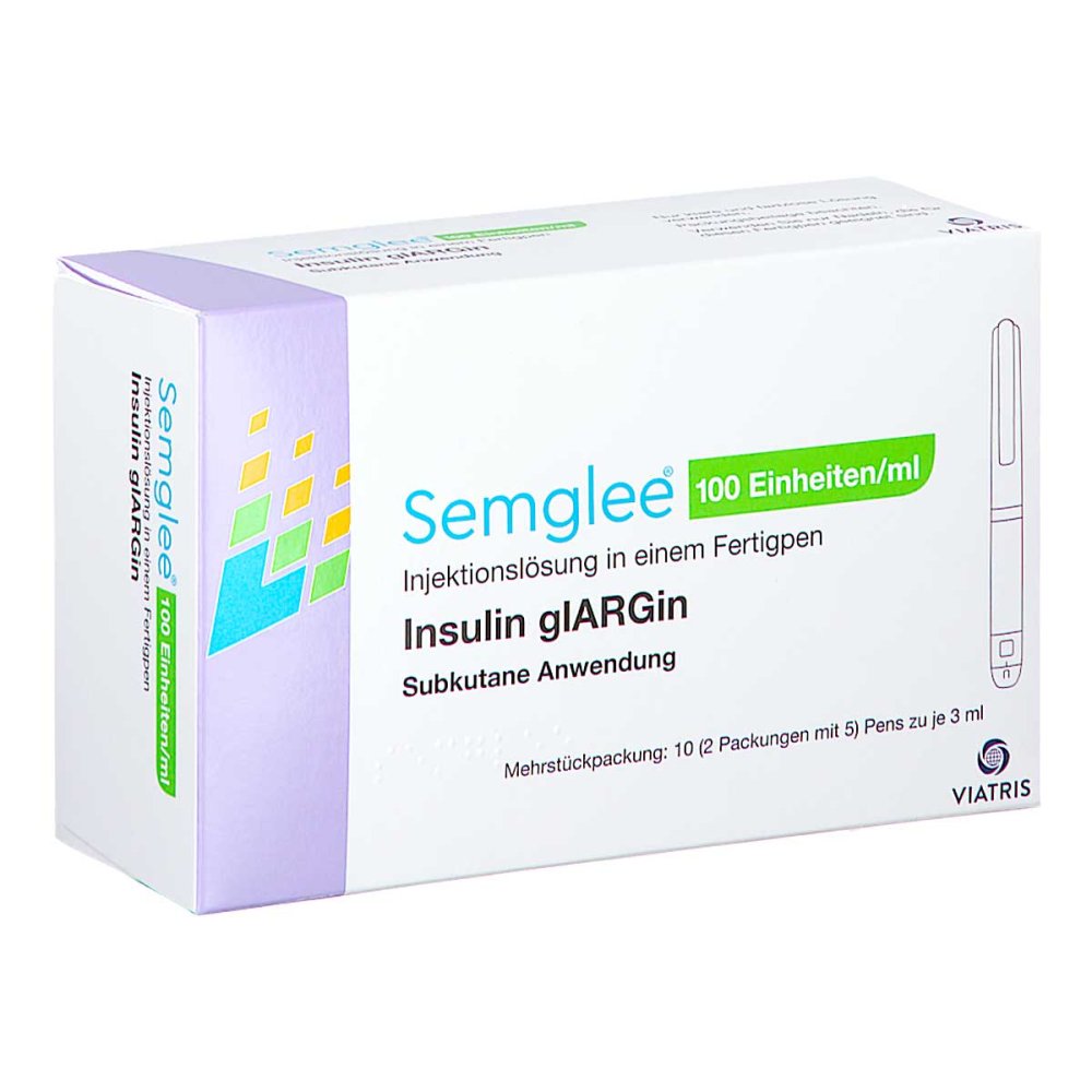 Das Produktfoto zeigt Semglee 100 E/Ml Injektionslösung I.E.Fertigpen (10X3 ml) PZN 13835048