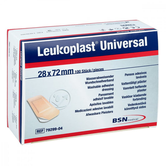 Das Produktfoto zeigt Leukoplast Universal Strips Wasserabw.28x72 Mm (100 stk) PZN 13838360