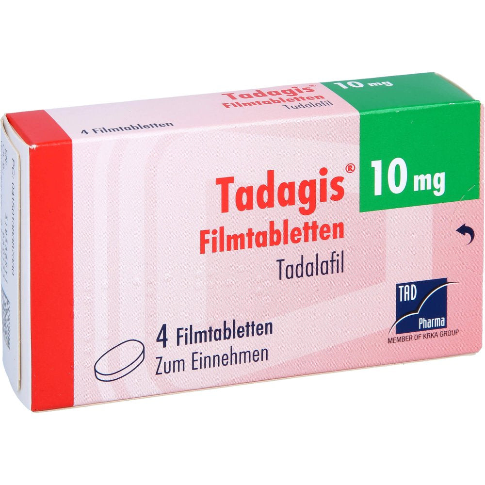 Das Produktfoto zeigt Tadagis 10 Mg Filmtabletten (4 stk) PZN 13838733