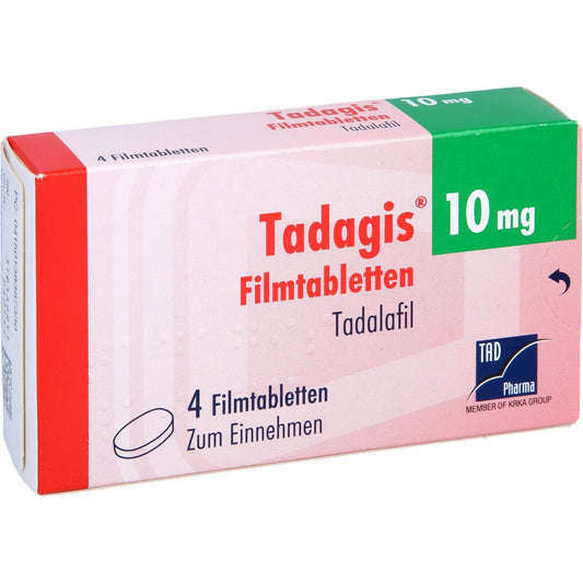 Das Produktfoto zeigt Tadagis 10 Mg Filmtabletten (4 stk) PZN 13838733