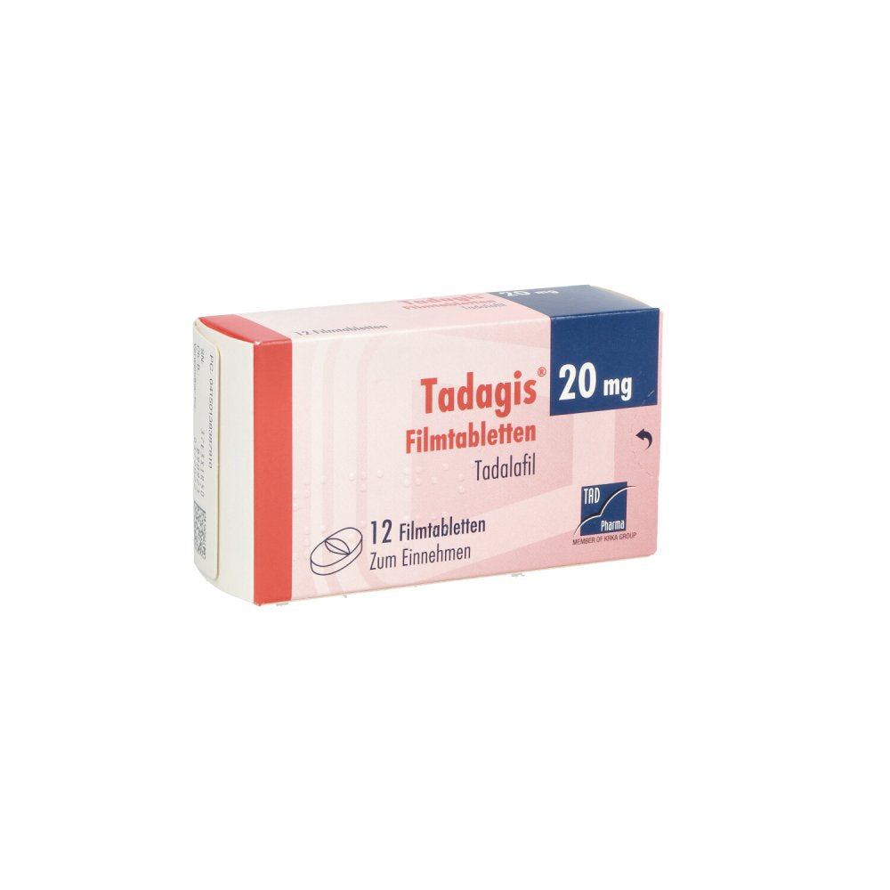 Das Produktfoto zeigt Tadagis 20 Mg Filmtabletten (12 stk) PZN 13838791