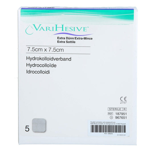 Das Produktfoto zeigt Varihesive Extra Dünn 7,5x7,5 Cm Hkv Hydroaktiv (5 stk) PZN 13846253