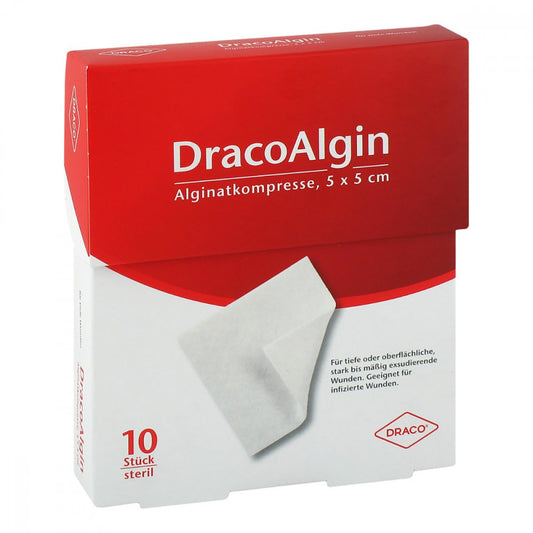 Das Produktfoto zeigt Dracoalgin 5x5 Cm Alginatkompresse (10 stk) PZN 13858003