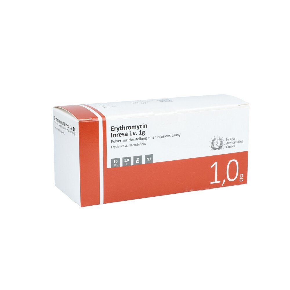 Das Produktfoto zeigt Erythromycin Inresa I.V. 1 G Plv.Z.H.E.Infus.-Lsg. (10 stk) PZN 13868792