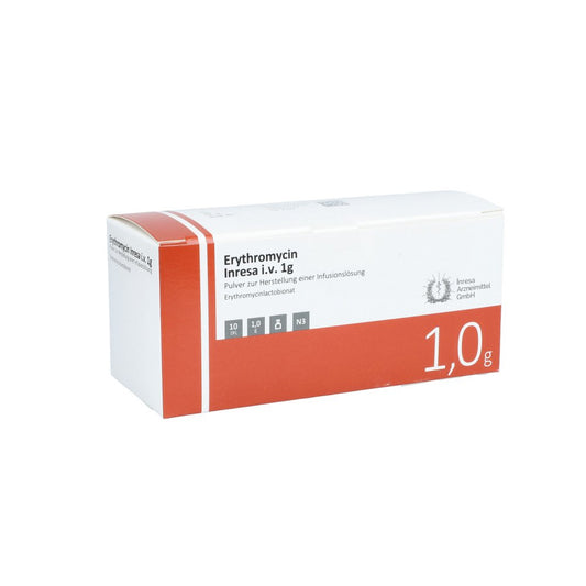Das Produktfoto zeigt Erythromycin Inresa I.V. 1 G Plv.Z.H.E.Infus.-Lsg. (10 stk) PZN 13868792